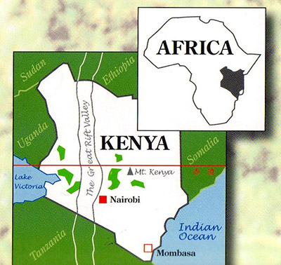 ケニア国内緑色のエリアが紅茶の生産地で、その中央を南北にグレートリフトバレーと呼ばれる大地溝帯。その南が首都ナイロビ、紅茶の積み出しは、オークションのあるモンバサから行われる。｢ケニアの製茶業｣ケニア茶委員会資料より。